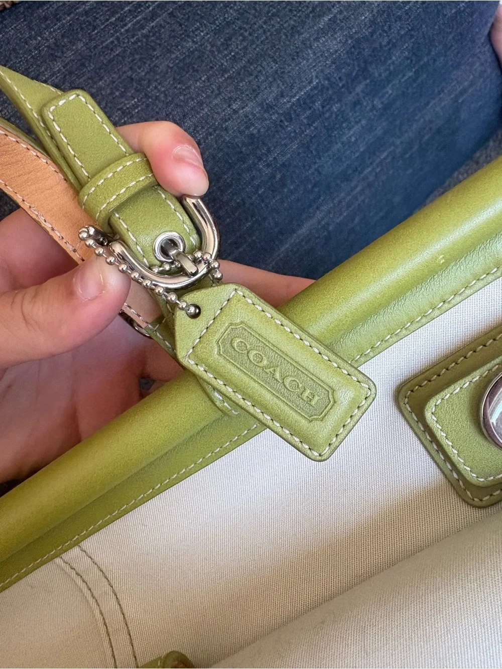 Coach Cream and Light Green Tote with Buckle Detail